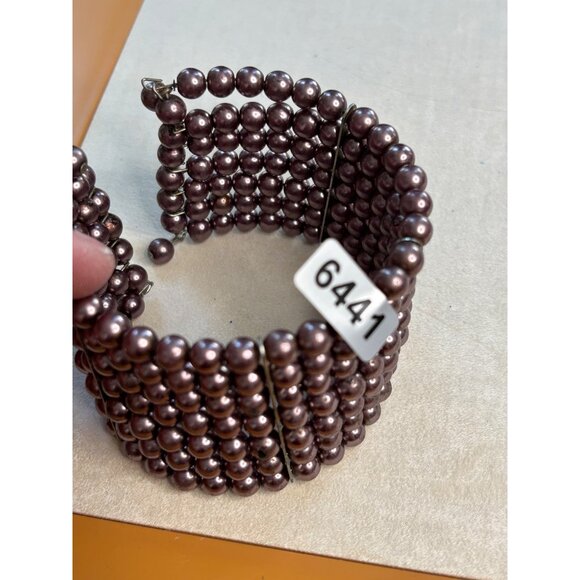 Wide Cuff Bracelet With Multiple Rows Of Metallic Mauve Beads And Stretch Band F - Picture 3 of 6